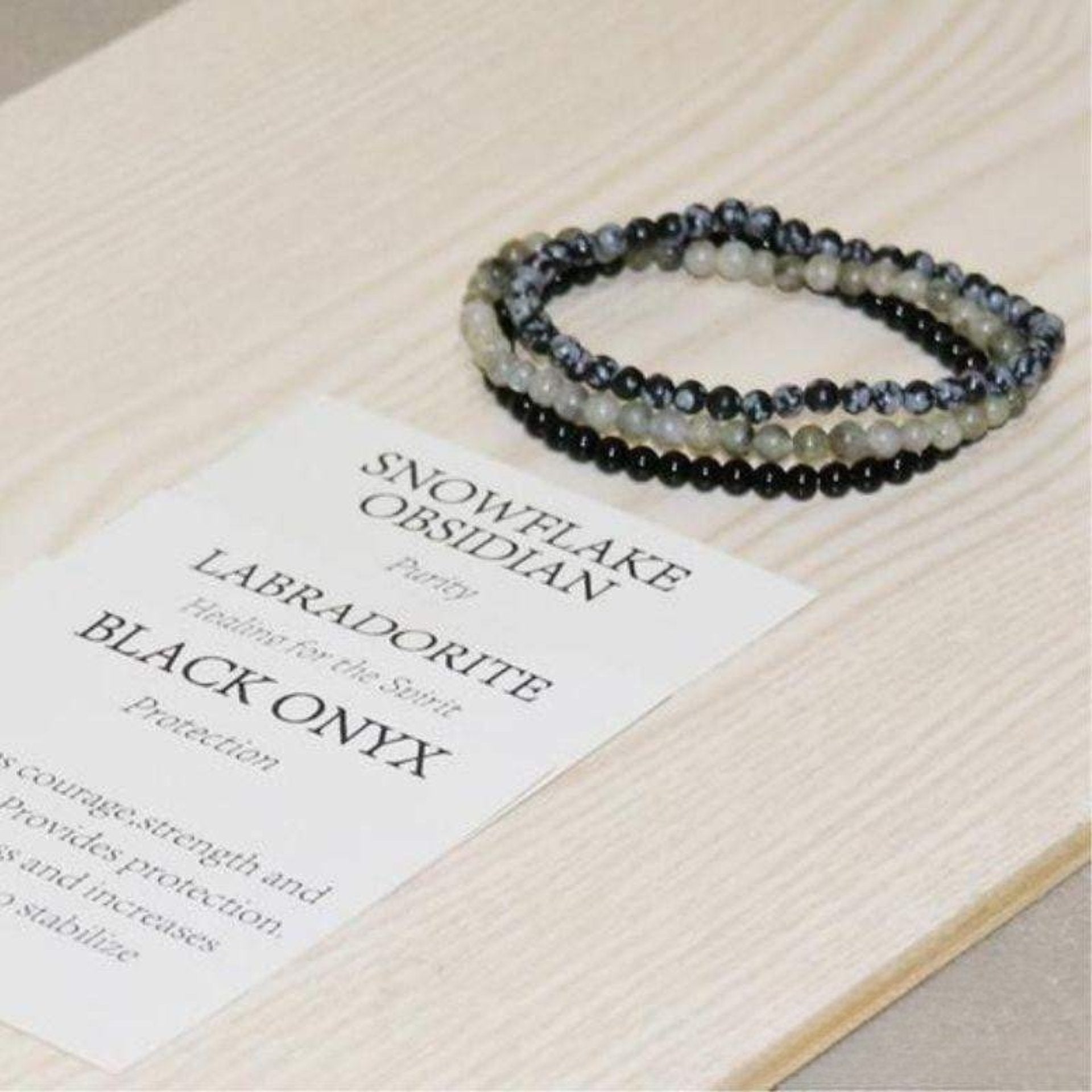 Set of 3 Bracelets in Labradorite, Black Onyx & Snow Obsidian