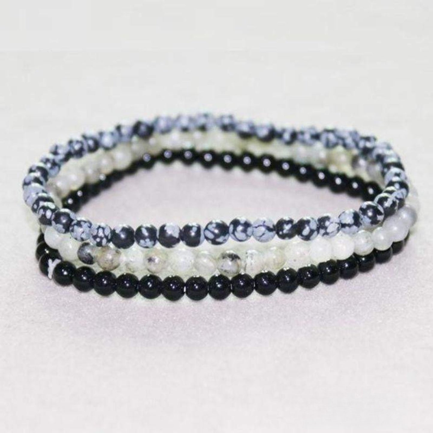 Set of 3 Bracelets in Labradorite, Black Onyx & Snow Obsidian