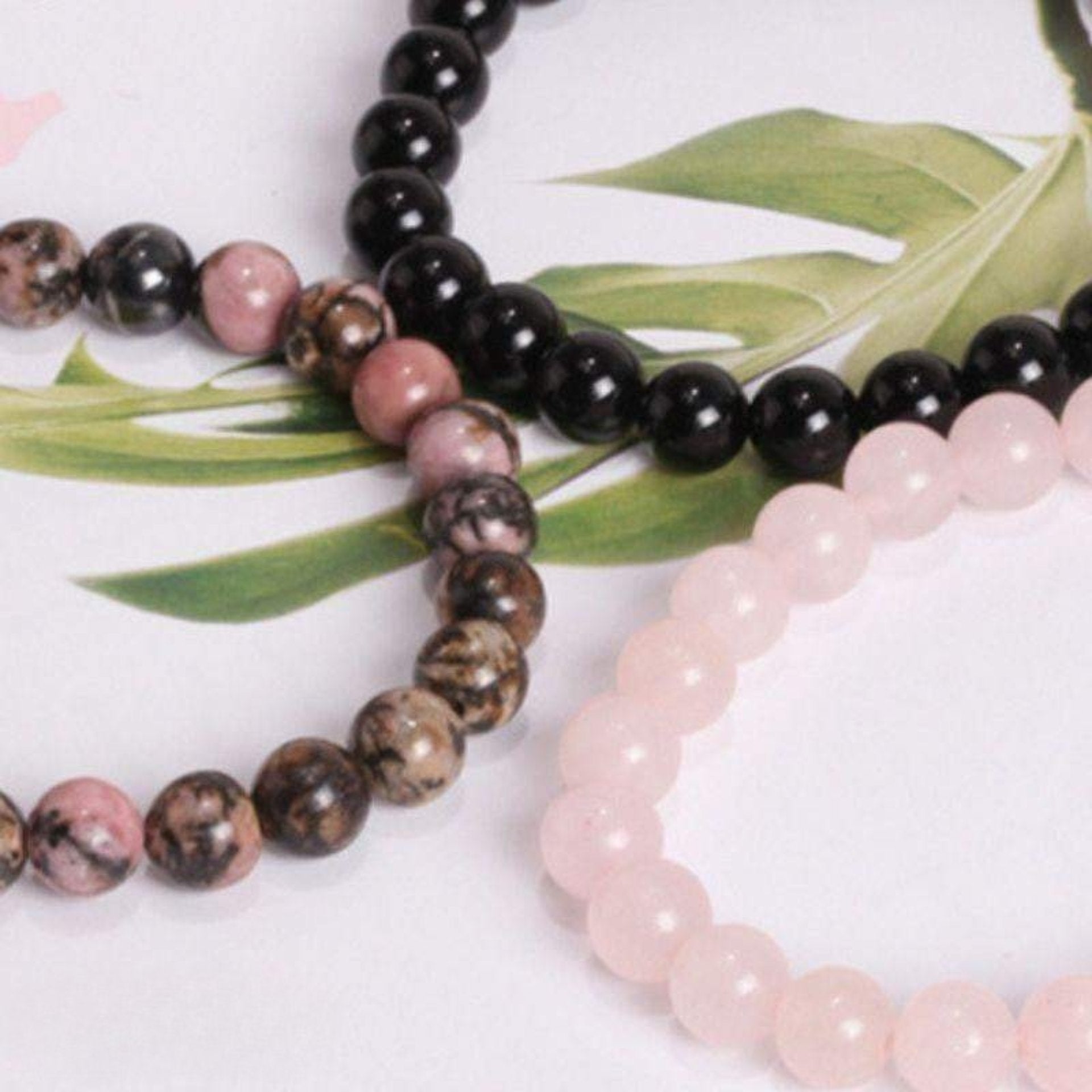 Set of 3 Bracelets in Rhodonite, Black Onyx & Rose Quartz