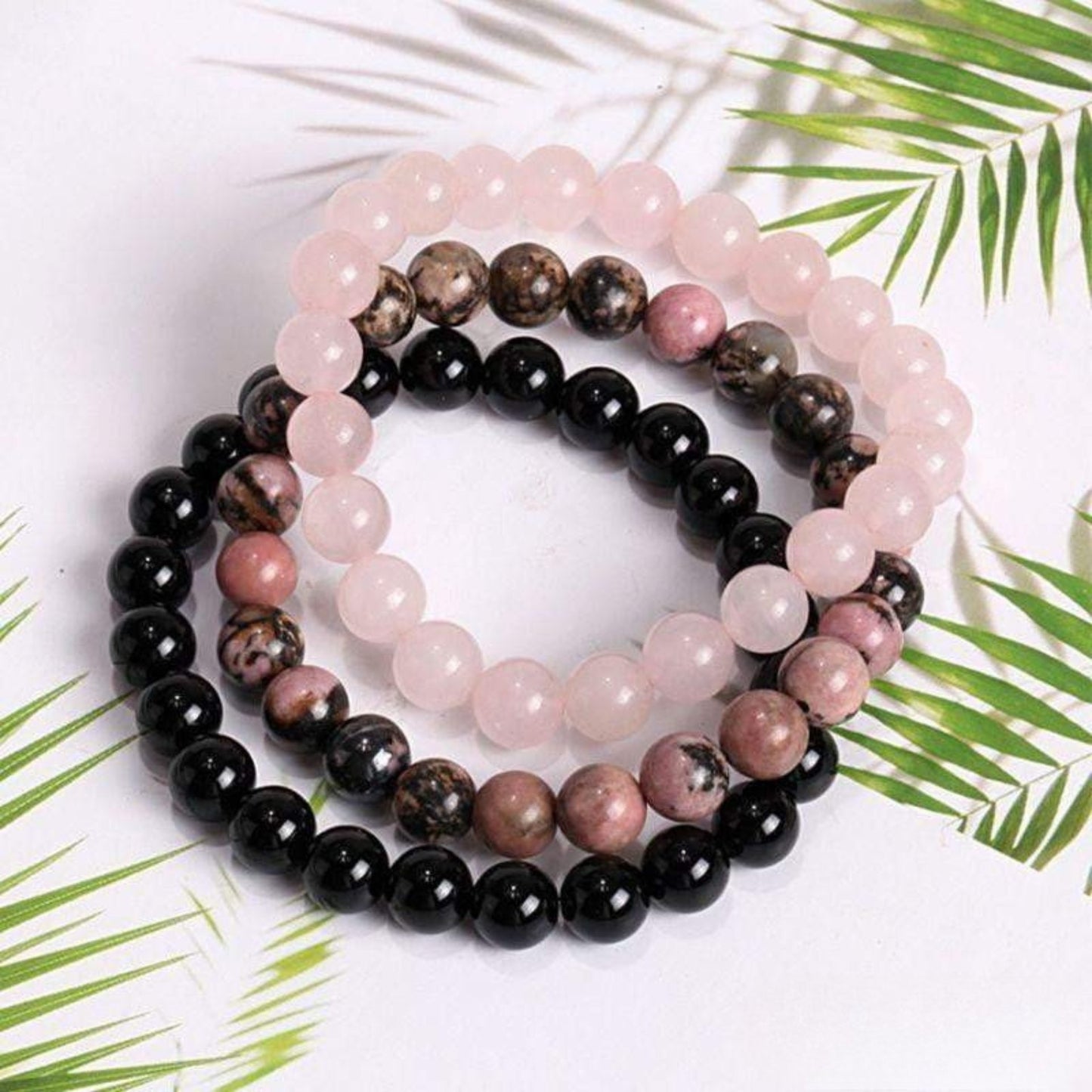 Set of 3 Bracelets in Rhodonite, Black Onyx & Rose Quartz