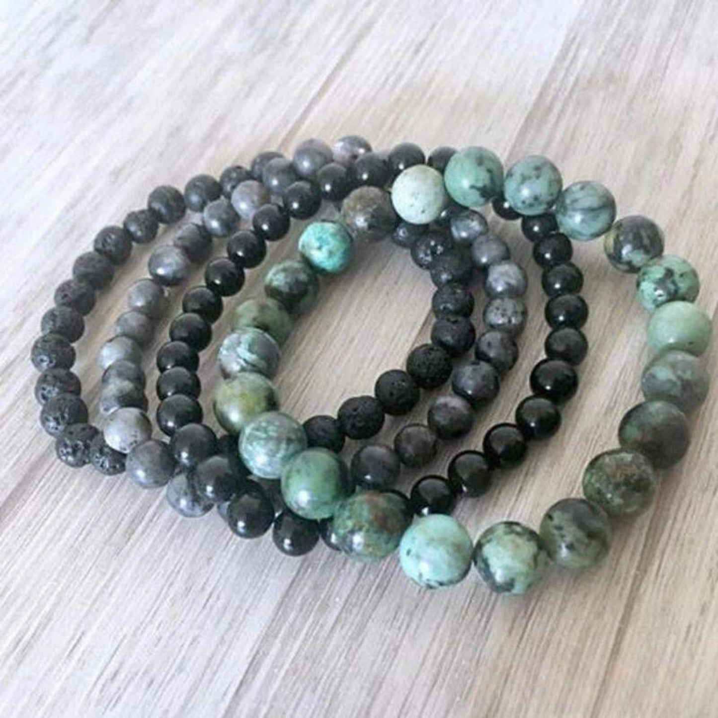 Set of 4 Natural Stone Bracelets – Lava, African Turquoise, Labradorite & Onyx