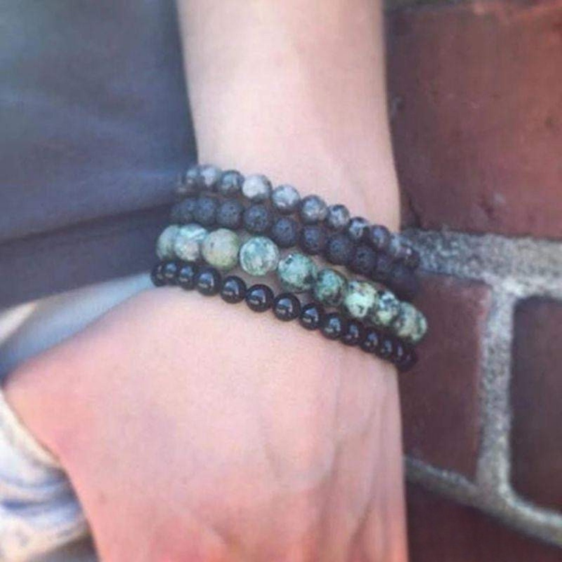 Set of 4 Natural Stone Bracelets – Lava, African Turquoise, Labradorite & Onyx