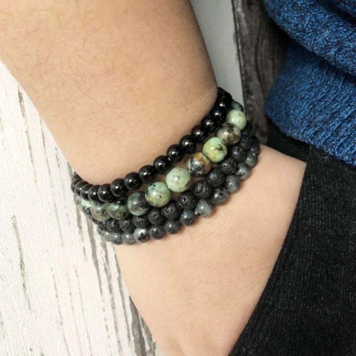 Set of 4 Natural Stone Bracelets – Lava, African Turquoise, Labradorite & Onyx