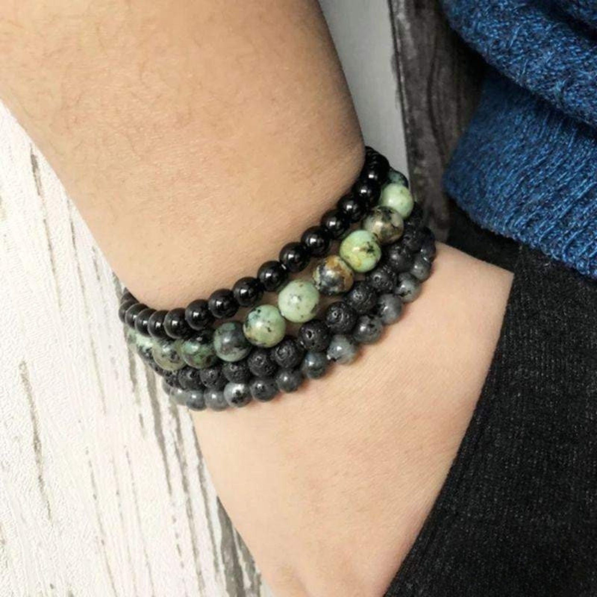 Set of 4 Natural Stone Bracelets – Lava, African Turquoise, Labradorite & Onyx
