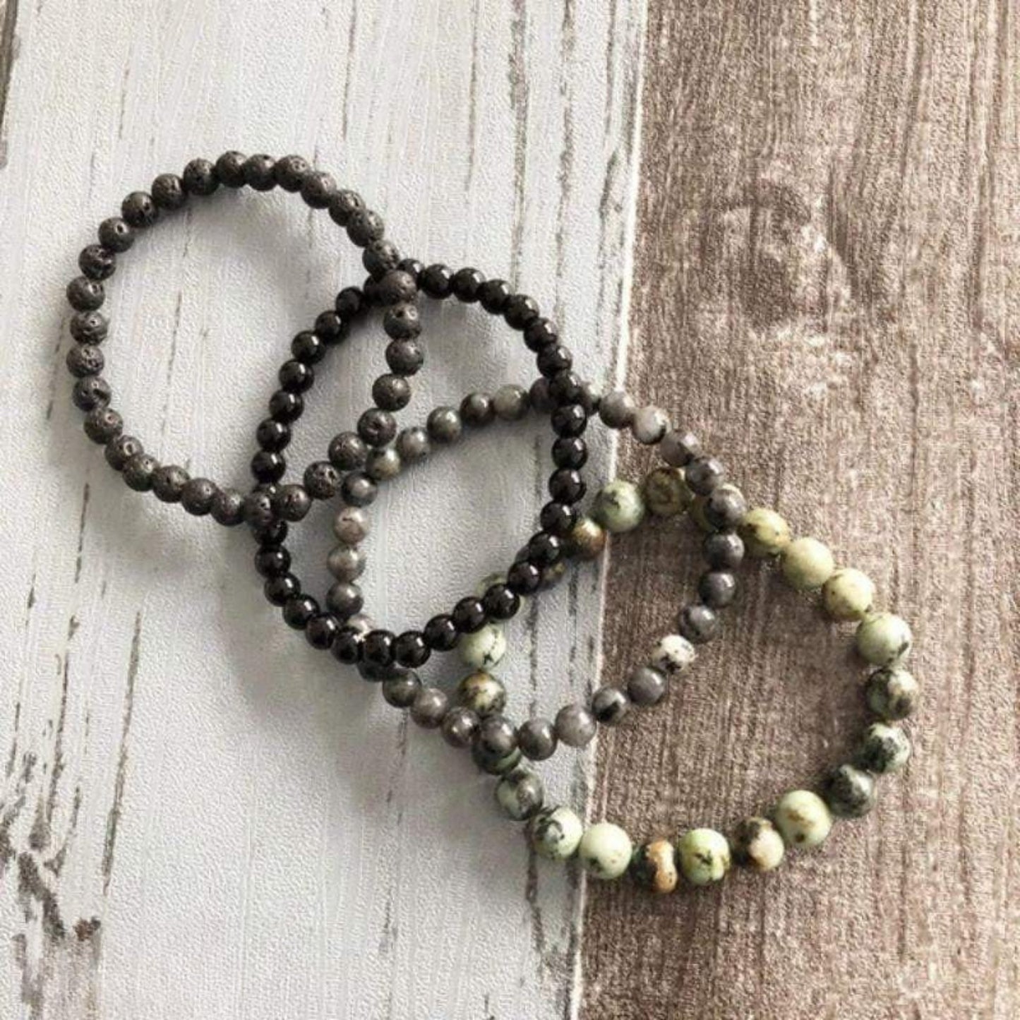 Set of 4 Natural Stone Bracelets – Lava, African Turquoise, Labradorite & Onyx