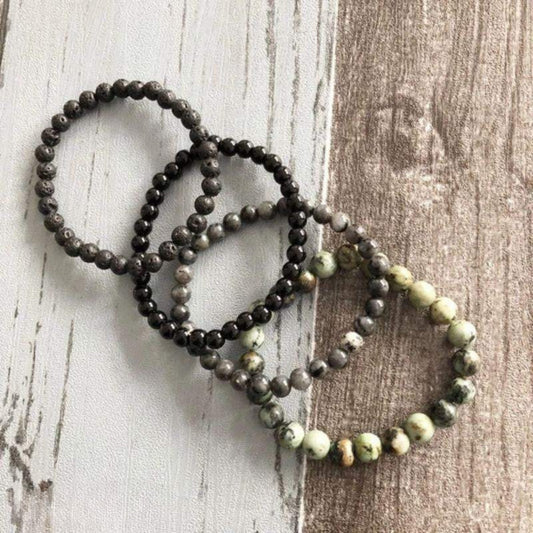 Set of 4 Natural Stone Bracelets – Lava, African Turquoise, Labradorite & Onyx