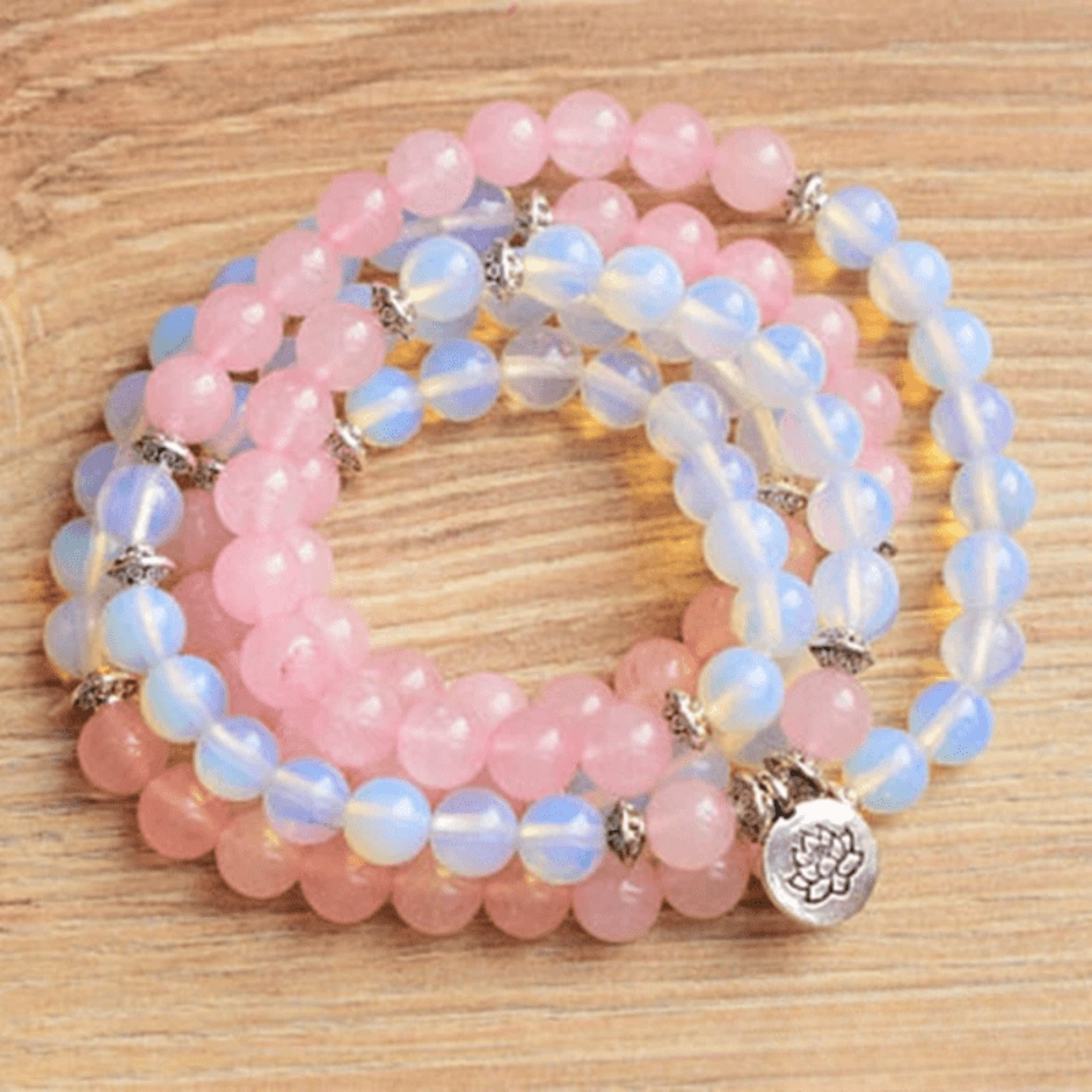 Tibetan mala bracelet in opalite and rose quartz
