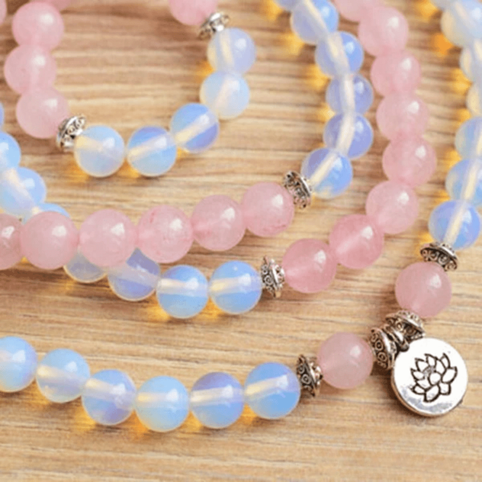 Tibetan mala bracelet in opalite and rose quartz