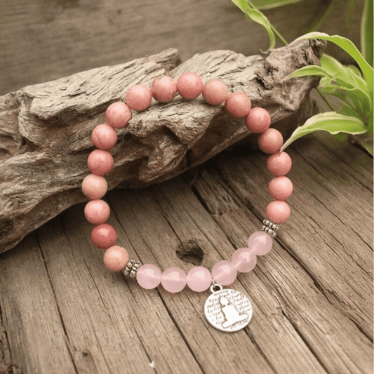 Tibetan Mala Bracelet in Rhodonite and Rose Quartz