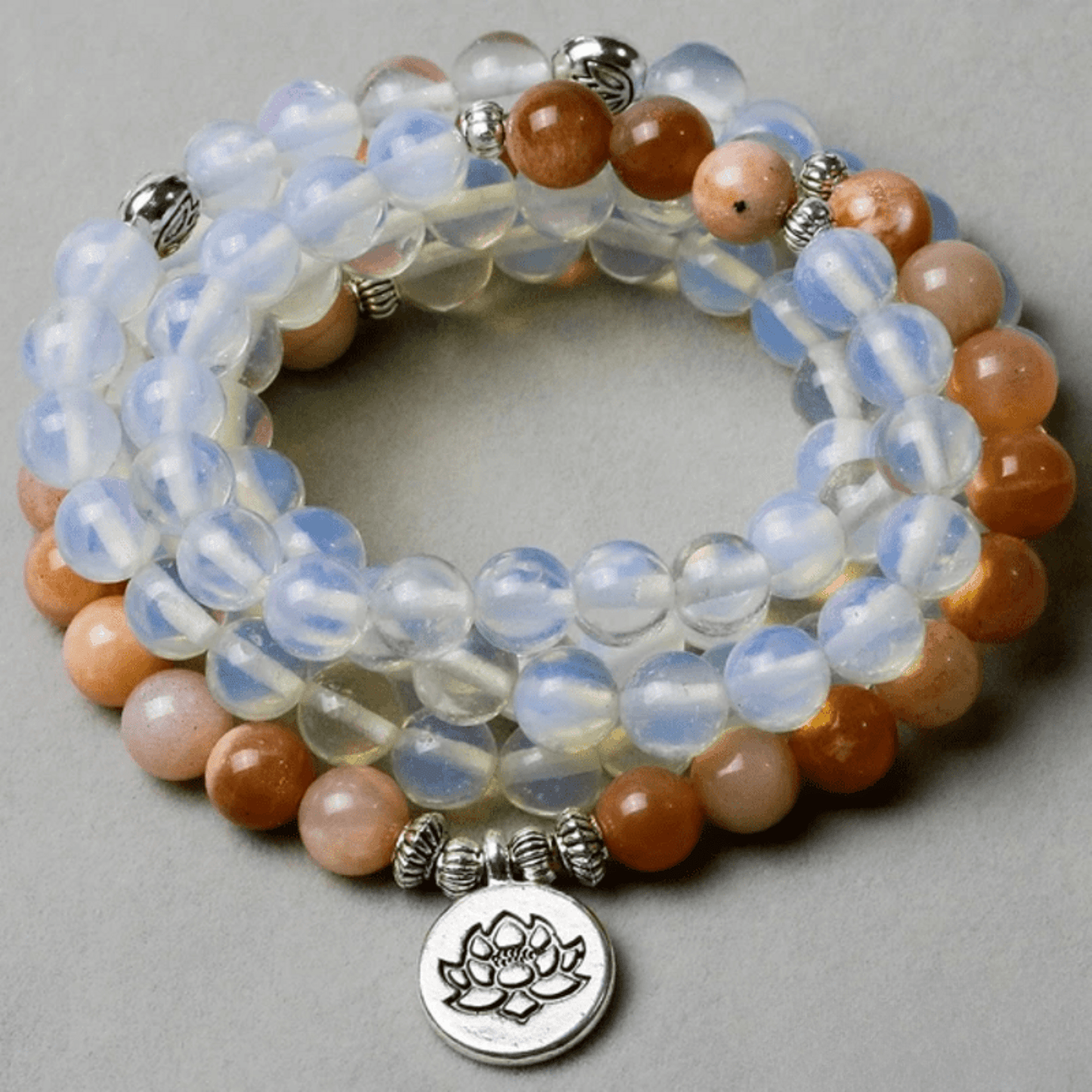Tibetan mala bracelet in sunstone and opalite
