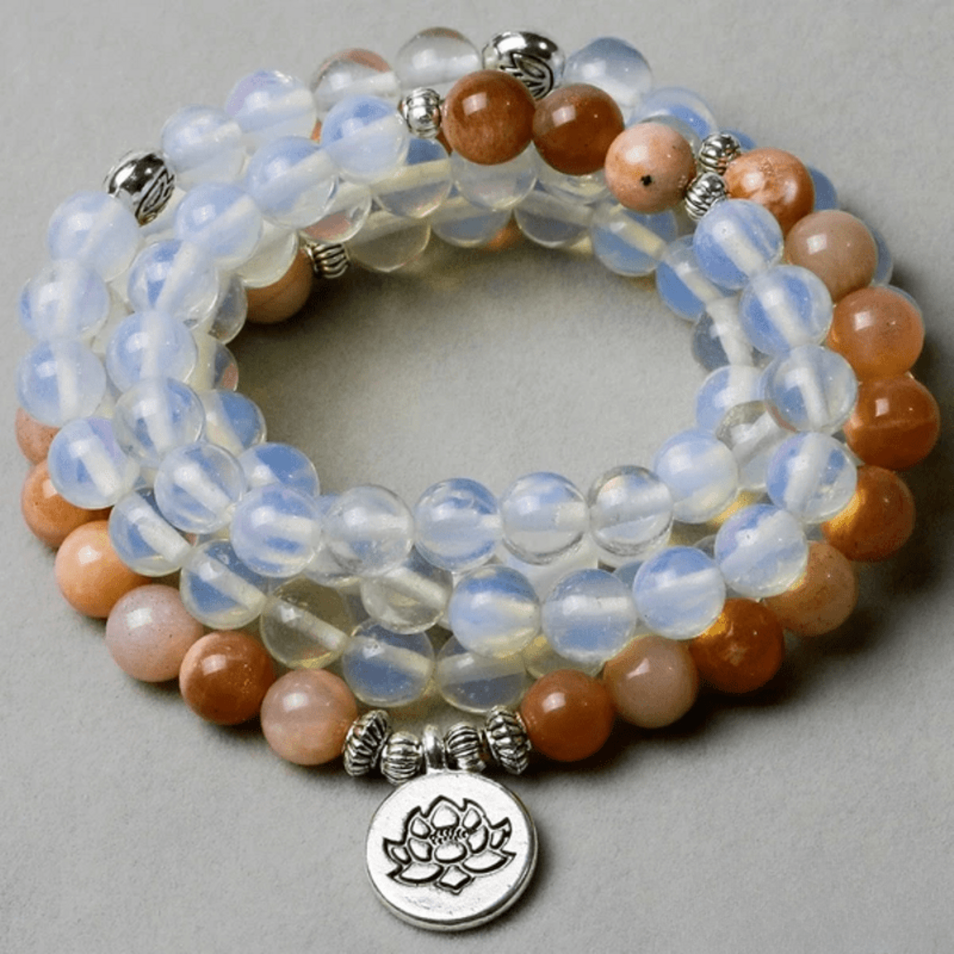 Tibetan mala bracelet in sunstone and opalite