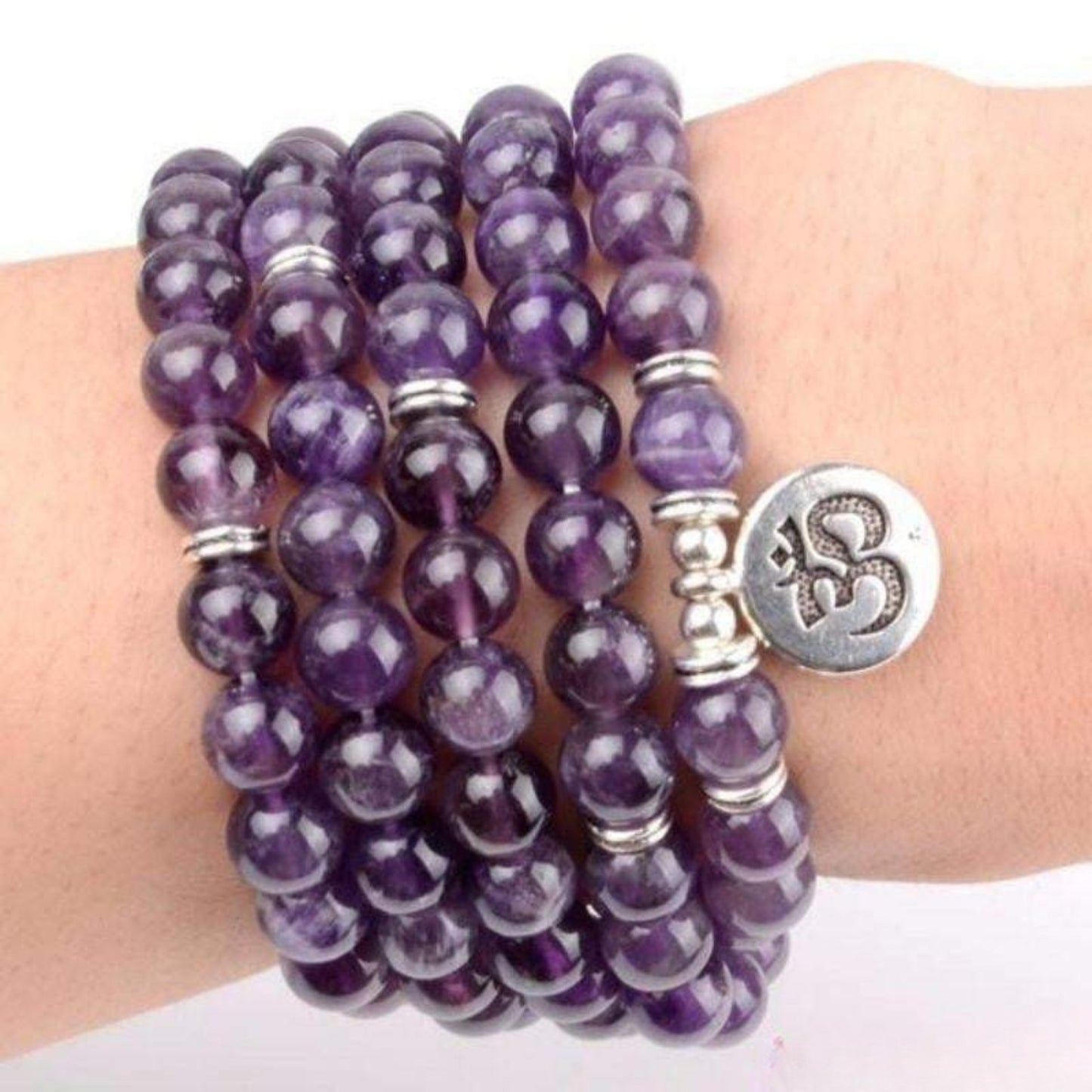 Tibetan mala OM bracelet in amethyst – 108 beads