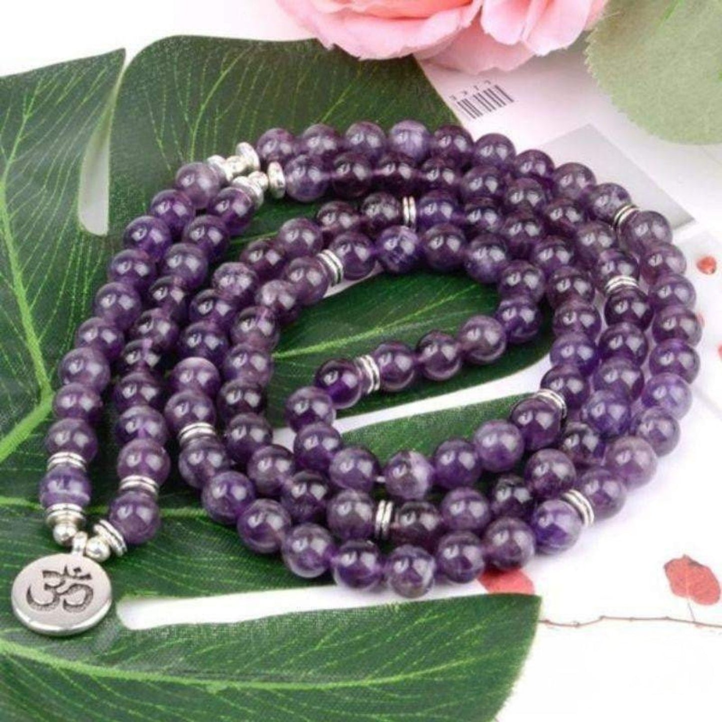 Tibetan mala OM bracelet in amethyst – 108 beads