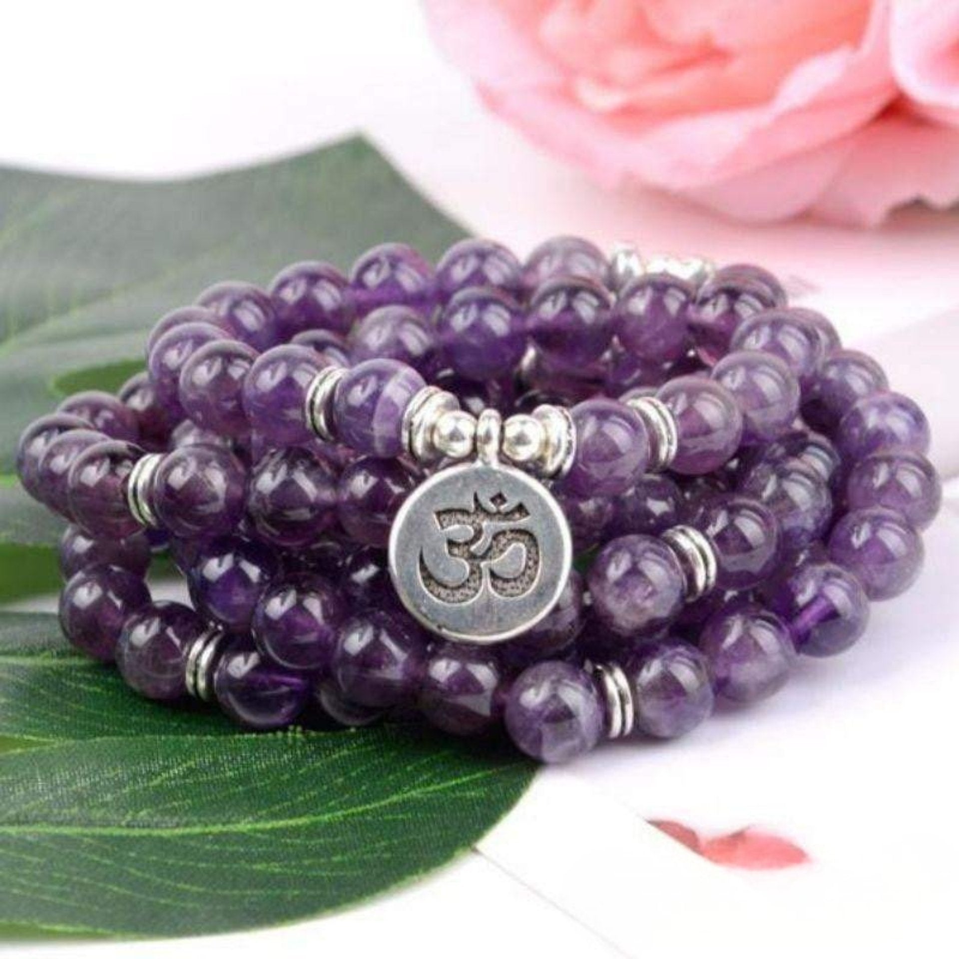 Tibetan mala OM bracelet in amethyst – 108 beads